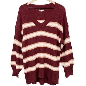 American Eagle Sweater Oversized Size Small Maroon Striped V Neck Balloon Sleeve